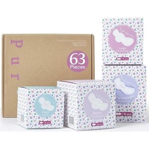 PurComfy Tieners First Periode Starter Kit voor Meisjes 9-10-11-12-14 63 stks Menstruatie Pads voor Tweens Tieners, Menstruatie Pad Box voor Meisjes Menstruatie Kit voor School, 4 Essentiële Maat Fit