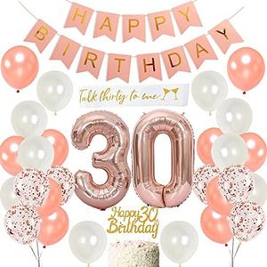 30e verjaardagsdecoratie in rosé goud voor vrouwen - 30e happy birthday-banner, satijnen sjerp, nummer 30 folieballon, roze gelukkige verjaardag bunting, taarttopper