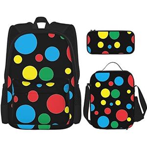 DOFFO Twister Polka Dots Print Rugzak Set, Reizen Laptop Rugzak Voor Vrouwen Mannen Casual Boekentas Met Lunch Tas Potlood Pouch 3 Stks, Zwart, One Size, Zwart, Eén maat