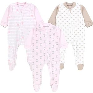 TupTam Baby Pyjama Romper Jumpsuit Met Voeten Ritssluiting Meisjes Jongens 3 Pack, Vos Roze Strepen Sterren Beige, 56