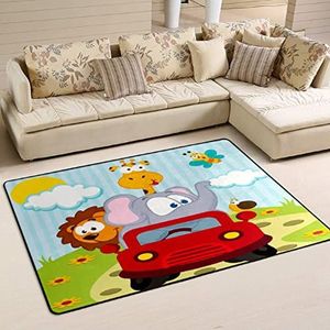 Gebied tapijten 100 x 150 cm, dierentuin dieren per auto cartoon kantoormatten pluche flanel mat tapijt decoratie gebied tapijten voor slaapkamer, voor keuken, ingang