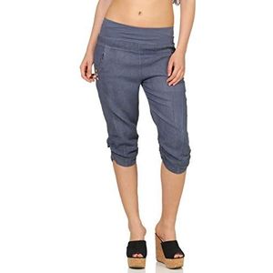 malito dames broek uit linnen | Stoffen broek in effen kleuren | Vrijetijdsbroek met knopen | Chino - Capri - Strandbroek 7988 (jeansblauw, S)