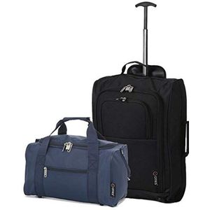 5 Cities Set van 2 handbagage set inclusief Ryanair Cabin Goedgekeurde 21""/55cm Trolley Bag & 40x20x25 Ryanair Maximum Holdall Onder Seat Flight Bag, Zwart + Navy, Cabin