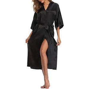 JMORCO Satijnen badjas plus size rayon badjas dames kimono satijn lange gewaad sexy lingerie klassieke nachtjapon nachtkleding met riem, Zwart, XL