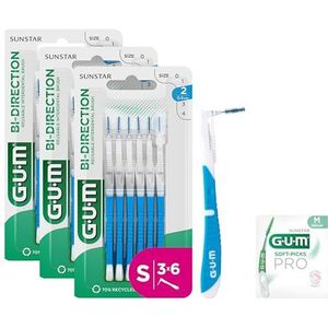 GUM BI-DIRECTION interdentale borstels met twee standen | 90 graden positionering | tanden reinigen en tandplak verwijderen | 0.9mm, ISO 2 | Maat S |​ 3 x 6 bundel +1 gratis sample
