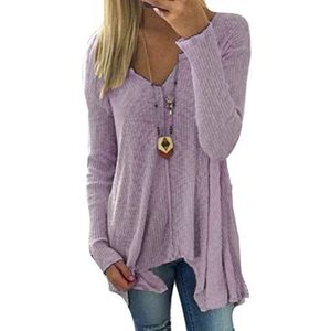 Elegante bovenkleding voor dames, lente, herfst, lange mouwen, V-hals, pullover, kleding, bovenstuk, effen, losse jumper pullover, casual, jongens, sweatshirt, tops, blouses, asymmetrisch, roze lila, M