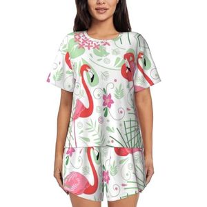 YQxwJL Bloemen Flamingo Plantkunde Print Vrouwen Pyjama Sets Shorts Korte Mouw Lounge Sets Nachtkleding Casual Pjs Met Zakken, Zwart, M