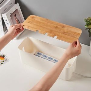 Kabelbeheer in Scandinavische stijl for de woonkamer met bamboe deksel, kunststof stekkerdooshouder for kabelopslag van tv/computer/router/spelcomputer(White,30 * 10.8 * 10.8cm)