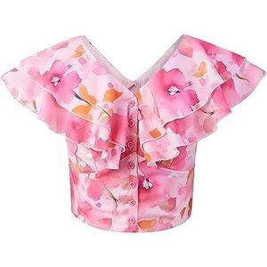 dames topjes Crop-blouse met bloemenprint en ruches - Boho-stijl damestop met korte mouwen (Color : Multicolore, Size : XL)