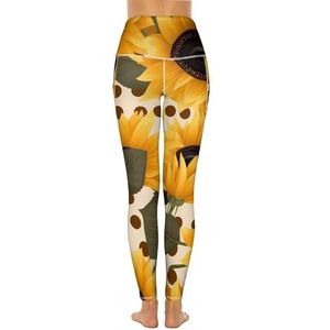 Zonnebloem Bloemen Stippen Vrouwen Hoge Taille Yoga Broek met Zakken Workout Running Leggings voor Vrouwen