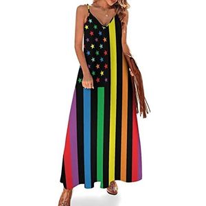 Rainbow USA Flag LGBT Gay Pride dames zomer maxi-jurk V-hals mouwloze spaghettibandjes lange jurk
