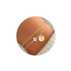TINGN Armband voor dames, goud - 14 karaat goud vergulde letterarmbanden klavertje vier armband met schijven monogram gepersonaliseerde geschenken voor vrouwen, tieners, meisjes, sieraden dames