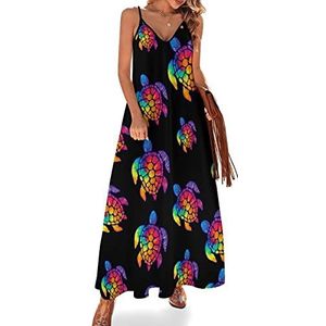 Tie Dye Sea Turtle Sling Maxi-jurken voor dames, V-hals, casual, mouwloos, verstelbare riem, sexy lange jurk