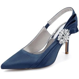 Recuriey Damessandalen - Puntige hoge hak 8,5 cm strass schoenen, satijn materiaal, sexy gesloten teen peep toe damesschoenen, bruiloft partij bruidsschoenen,Navy blue,35 EU