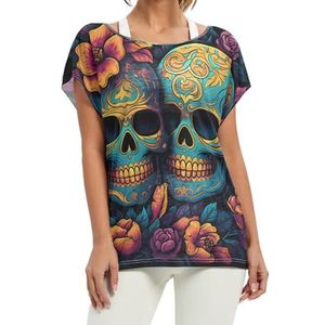 Skull Floral Art korte vleermuismouwen shirt ronde hals T-shirts losse tops voor meisjes, Patroon, M