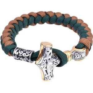 Viking Roestvrijstalen Mjolnir Paracord Armband Voor Heren -Noordse Vintage Keltische Knoop Thor's Hamer Gevlochten Kralenarmband -Middeleeuwse Punk Mode Polsbandje Piraat Sieraden (Color : Gold_23CM