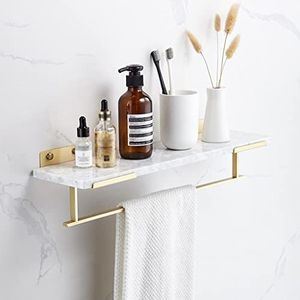 Badkamerplanken Planken Scandinavisch licht messing geborsteld badkamerrek Marmeren planken Wandmontage Shampoo Cosmetica Organisatorplank met handdoekplank/Groen marmer 50 cm (Color : White Marble