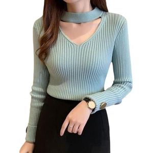 Dames V-hals Trui, Y2K Slim Fit Lange Mouw Gebreide Trui for Uitgaan Tops(Light blue,XXX-Large)