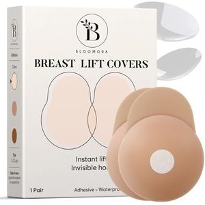 Bloomora Nipple Covers voor Vrouwen met Lift – Zelfklevende Siliconen Borstlifters – Onzichtbare & Herbruikbare Push-Up Covers met Trekstrip – Maat 1 (Cup C–D) – Crème