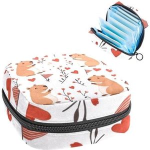 Opbergtas voor maandverband, schattige dierlijke capibara's met bloementakken, harten, draagbare maandverband, inlegkruisjes, tampons, maandverband, opberghouder voor vrouwen, school, kantoor