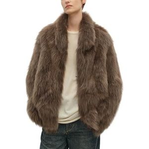 HGKPFGTG Dames Imitatiebont Jas Slim Fit Mode Opstaande Kraag Lange Mouwen Pluizig Elegant Fuzzy Winterjasje,Bruin,M