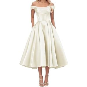 AHERKLL Thee Lengte Bruidsmeisjes Jurken voor Junioren Off Shoulder Satijn Avond Cocktail Party Maxi Jurk met Zak HAH050, Ivoor, 32