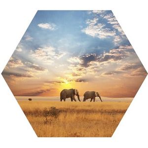 DEQORI Hexagon Wandbehang, zelfklevend, 55 x 47,6 cm, olifantenmotief in de step, textielcanvas, verwijderbaar, decoratief en vormvast, voor woonkamer, kantoor, hal of kinderkamer