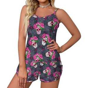 Rose Flower Day of The Dead Sugar Skull 2-delige pyjama voor dames, sexy tanktop en korte broek, nachtkleding PJ Lounge