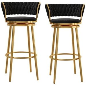 JAVYPPT Moderne draaibare barkrukken set van 2 stoelen op toonhoogte met gebogen geweven rugleuning voetsteun luxe fluwelen barkrukken thuis bar keuken eilandkrukken (blauw, zwart been 75 cm)