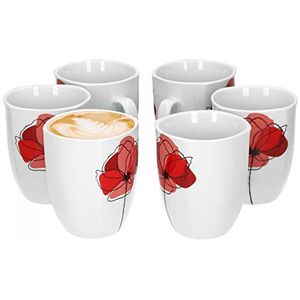 Van Well Monika Set van 6 koffiemokken, 330 ml, H 10,3 cm, koffiemok, bloemendecoratie, edel merkporselein