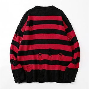 Lente gestreepte truien punk unisex trui holle gat gebroken jumper losse extra grote truien gescheurd Harajuku knitwear-L,Red