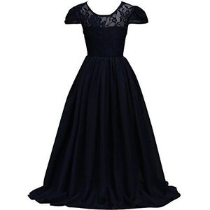 Anyu Meisjesjurk met kant, chiffon, mouwjurk, vloerlengte, jurk, bruiloft, bruidsmeisje, bloemenmeisje, lange jurk, marineblauw, 140 cm