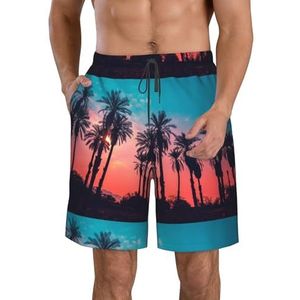 Palm Tree Sunset Print strandshorts voor heren, zomervakantie, strandshorts, casual, lichtgewicht trekkoord, Wit, L