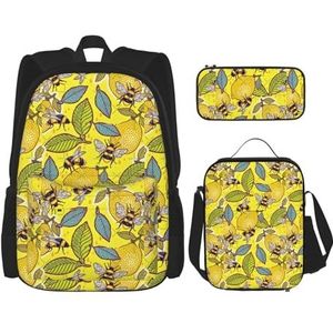 SUHNGE Wit Marmer Rose Goud Print 3 in 1 Boekentassen Sets Verstelbare Schouder Rugzak Lunch Tas Potlood Case Pouch Box, Gele citroen en bijen, Eén maat