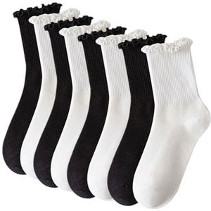 FUIPVGI 8 paar dames enkelsokken kant ruches enkelsokken ruches sokken zwart wit ruches kant trim enkelvoering sokken ballet sokken, stroken sokken., Zwart/Wit, 37-40 EU