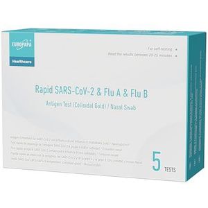 EUROPAPA 5x Corona Thuistest Sneltest en Grieptest voor Covid-19 en Influenza A/B, Antigeentest Zelftest SARS-CoV-2 Griep A Griep B 3-in-1 Combo Sneltestcassette, Individueel Verpakt