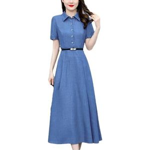 Pegsmio Katoen En Linnen Korte Mouw Midi Jurk Vrouwen Zomer Kantoor Jurk Elegante Bodycon Party Maxi Vestido, Blauw, M