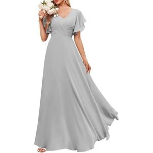 Chiffon bruidsmeisjesjurken voor dames, met split, baljurken, cocktailjurken, grote maten, Zilver, 32