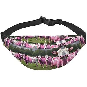 Waterdichte polyester heuptas met - lichtgewicht en duurzame crossbody-tas voor mannen en vrouwen plant bloemen bloemen, Roze Bloem Toon Koeien, Eén maat