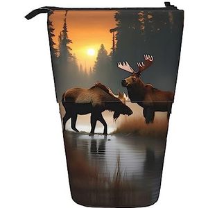 Nbtghga Herten Beer Eland Print Potlood Telescopische Klassieke Kunsten Stand Up Potlood Case Organizer Potlood Houder Make-up Tas Gift, Zwart, Eén maat