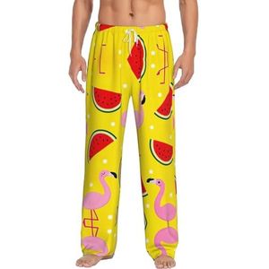 Rode Flamingo En Watermeloen Mannen Lange Lounge Wear Broek Nachtkleding Pyjama Bottoms Nachtkleding Met Zakken En Trekkoord, Wit, S