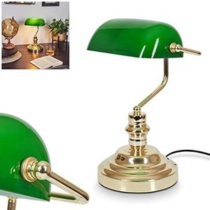 Klassieke bankierslamp, retro tafellamp van metaal in gepolijst messing, lampenkap van glas in groen, E27 fitting, tafellamp voor kantoor en bureau, zonder gloeilampen