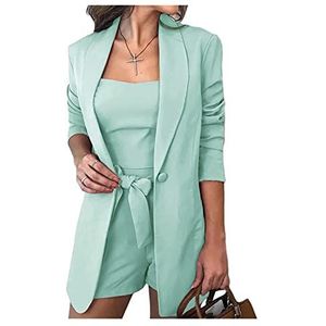 Driedelig Pak Vrouwen Effen Kleur Hemdje Mode Een Knop Hoge Taille Shorts 3 Set Vrouwen Tops Vest Jas Pak Shorts Zomer(Green,XXL)