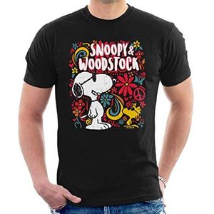 Peanuts 70s Floral Snoopy and Woodstock T-shirt voor heren, zwart, XXL