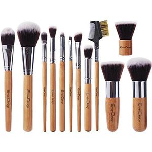 EmaxDesign 12 Stuks Make-up Borstel Set Professionele Bamboe Handvat Premium Synthetische Kabuki Foundation Blending Blush Concealer Ooggezicht Vloeibaar Poeder Crème Cosmetica Borstels Kit Met Tas