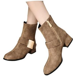Grote Maten Enkellaarsjes Chelsea Korte Laarzen For Dames Met Blokhak Modieuze Ankle Boots Met Metalen Gesp Herfst Winter PU Leren Laarsjes Met Rits Elegante Hoge Hakken(Beige,43 EU)