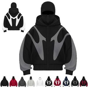 Balaclava Hoodie Rits, Winter Windbestendig Heren Hoodies Bivakmuts Dubbele Capuchon Fleece Ritsjack Met Masker(Black Gray,S)