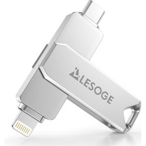 LESOGE USB C-stick, 256 GB, Apple, MFi-gecertificeerd, iPhone, externe opslag, fotostick, USB 3.0, flashdrive, back-up van foto's en video's, 3-in-1 voor iPhone/type C/iPad/Android