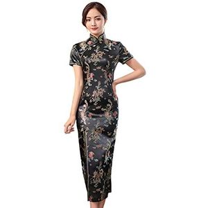 Altsuceser Dames mandarijn kraag vintage borduurwerk draak feniks print cheongsam-jurk, split traditionele Chinese jurk Qipao trouwjurk zwart 3XL