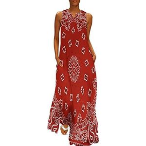 Rode bandana patroon dames enkellengte jurk slim fit mouwloze maxi-jurken casual zonnejurk 5XL